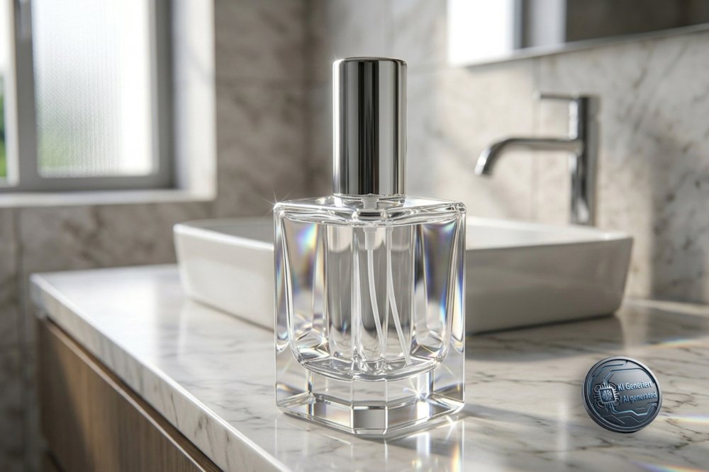 Tischzerstäuber, Glas eckig, Zerstäuberpumpe - Kappe, chromfarben  für 50 ml, Höhe: 11 cm