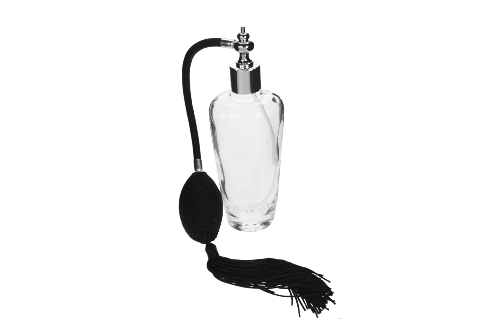 Tischzerstäuber, Glas, mit Ballpumpe, schwarz-chromfarben, für ca. 100 ml, Höhe: 16,5 cm