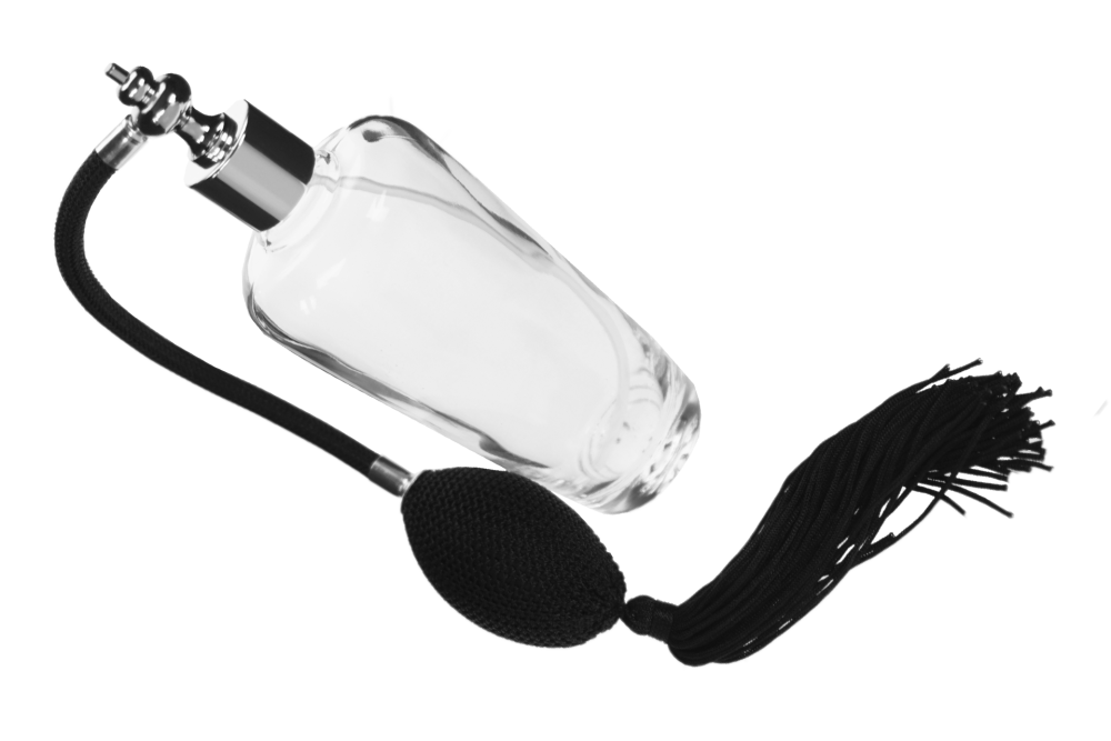 Tischzerstäuber, Glas, mit Ballpumpe, schwarz-chromfarben, für ca. 100 ml, Höhe: 16,5 cm