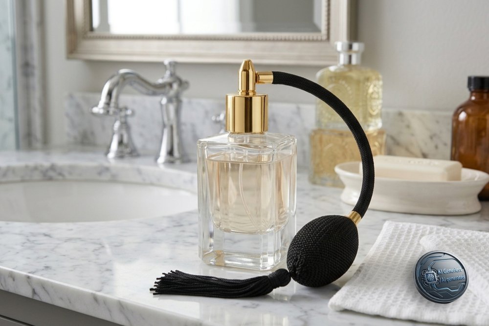 Tischzerstäuber, Glas eckig, mit Ballpumpe, schwarz-goldfarben, für 50 ml, Höhe: 12 cm