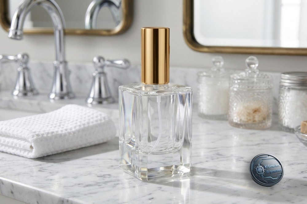 Tischzerstäuber, Glas eckig, Zerstäuberpumpe - Kappe, goldfarben  für 50 ml, Höhe: 11 cm