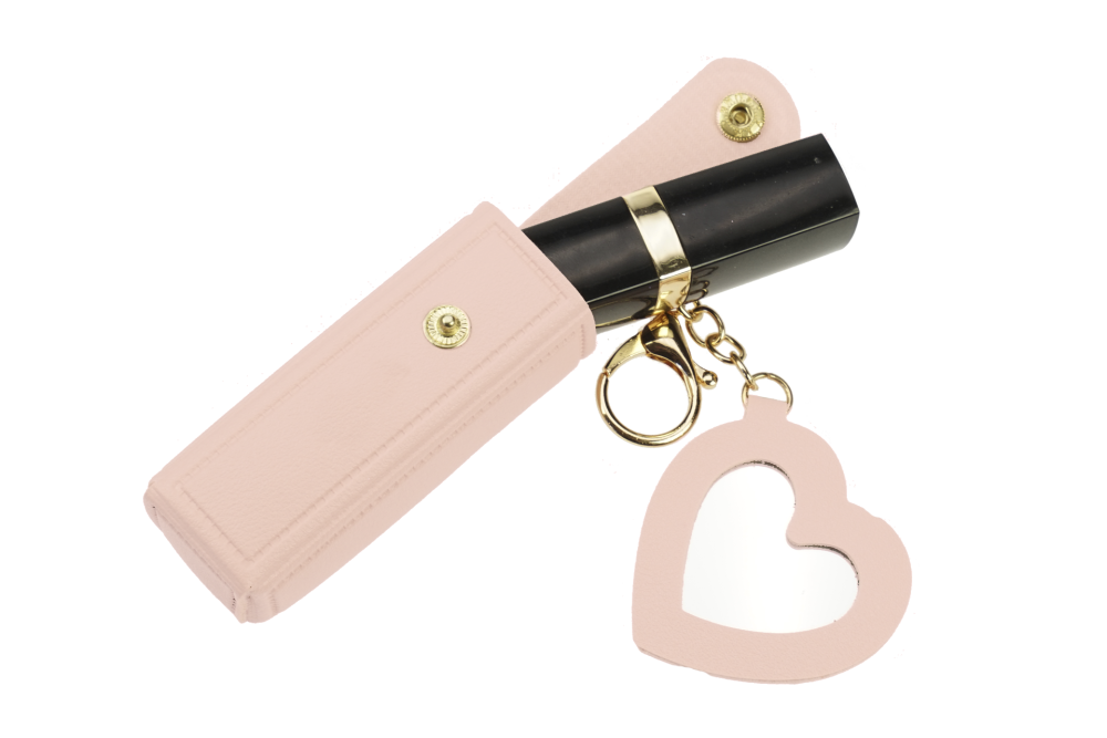 Fashionable lipstick and pocket atomizer bag with snap fastener, small heart-shaped mirror, and keychain snap hook, pink