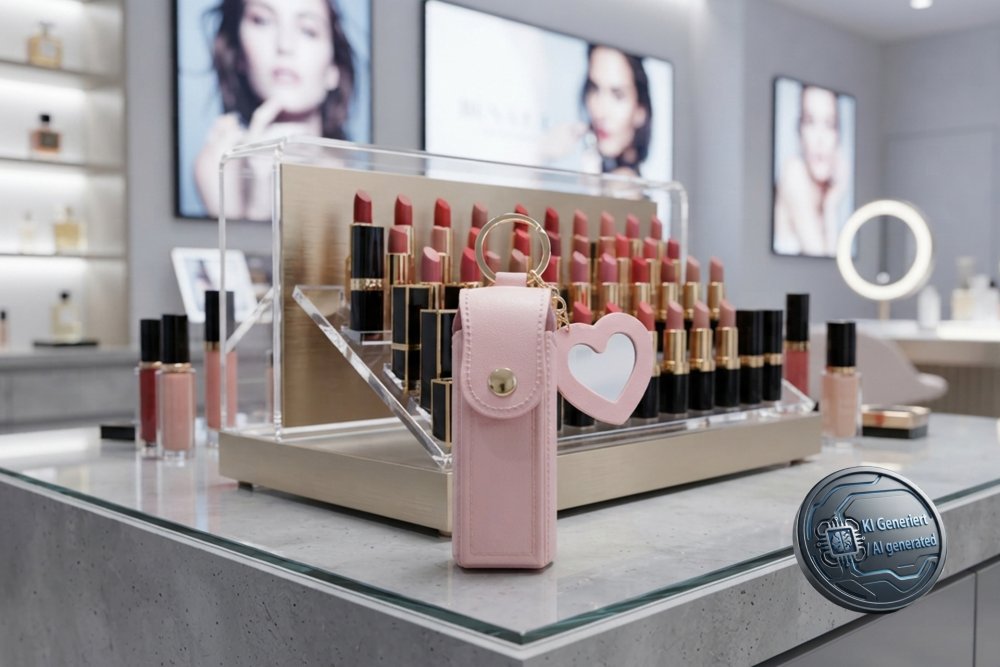 Fashionable lipstick and pocket atomizer bag with snap fastener, small heart-shaped mirror, and keychain snap hook, pink