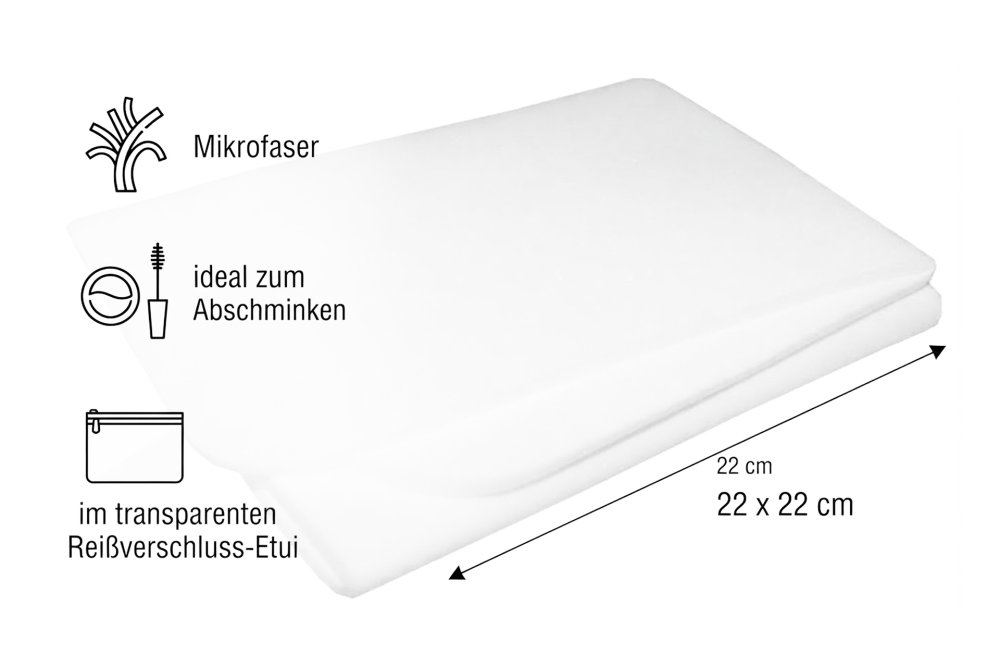 Kosmetik-Tuch aus Mikrofaser zum Abschminken, in Reißverschluss-Etui, Maße: 22 x 22 cm