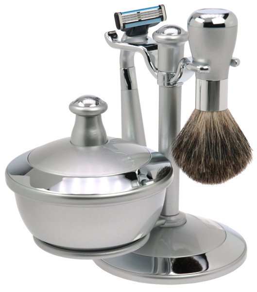 Shaving Set  Mach3, pure badger brush,  Plastic, silver,  With mug,  Hight: 17cm