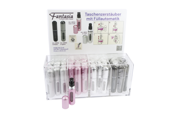 36 pcs. pocket atomizers, 4 colors assorted with automatic filling for 5 ml content in Display