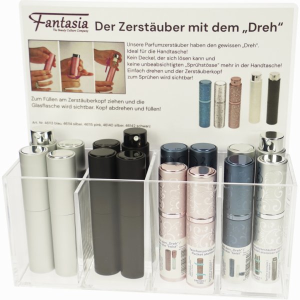 Display bestückt mit 16 Taschenzerstäubern mit eindrehbarem Zerstäuberkopf