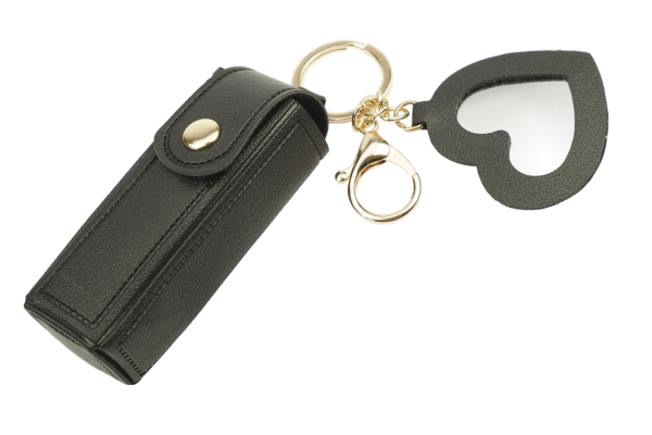Fashionable lipstick and pocket atomizer bag with snap fastener, small heart-shaped mirror, and keychain snap hook, black