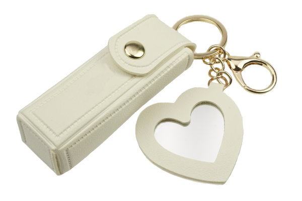 Fashionable lipstick and pocket atomizer bag with snap fastener, small heart-shaped mirror, and keychain snap hook, pink